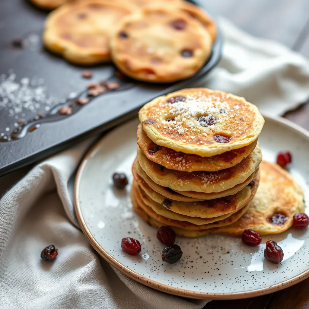 A stack of sugar-dusted Welsh cakes beside a bakestone